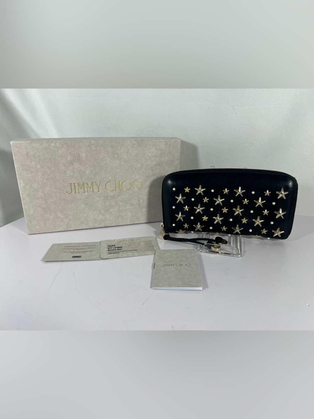 Jimmy Choo Black Leather Gold Star Studded Zip Around Wallet